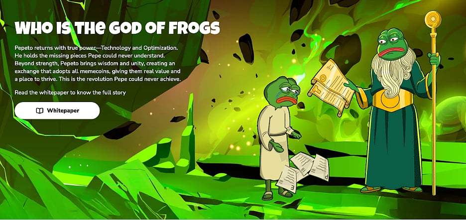 Cartoon frog characters in a green fantasy setting with a “God of Frogs” title.