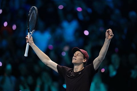 Italy's Jannik Sinner reacts after winning the final tennis match of the ATP World Tour Finals against Spain's Carlos Alcaraz in Turin, Italy.