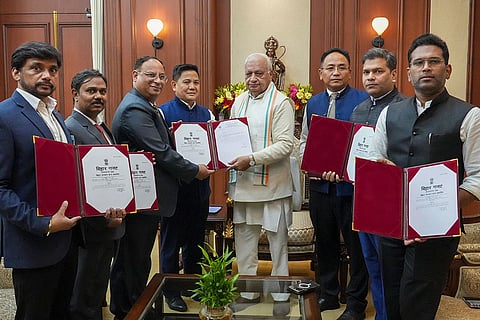 In this image, Bihar Governor Arif Mohammad Khan receives the list of 243 newly elected members of the state assembly from Bihar's Chief Electoral Officer (CEO) Vinod Singh Gunjiyal at the Raj Bhavan, in Patna.