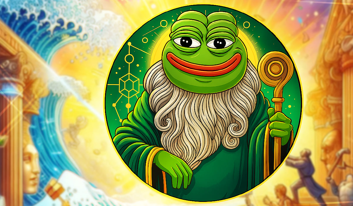 Illustration of a bearded Pepe the Frog holding a staff, set against a colorful, mystical background