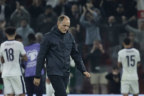 England's coach Thomas Tuchel leaves the pitch after the World Cup 2026 group K qualifying soccer match between Albania and England, in Tirana, Albania.