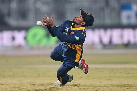 Sri Lanka's Pathum Nissanka drops a catch of Pakistan's Mohammad Rizwan during the third one day international cricket match between Pakistan and Sri Lanka, in Rawalpindi, Pakistan.
