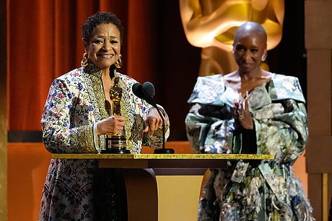 Debbie Allen, left, receives an Academy honorary award as Cynthia Erivo looks on during the 16th Governors Awards at The Ray Dolby Ballroom in Los Angeles. 