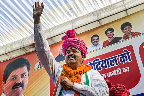 Newly appointed Uttarakhand Pradesh Congress Committee President Ganesh Godiyal being welcomed upon his arrival at the party office, in Dehradun.