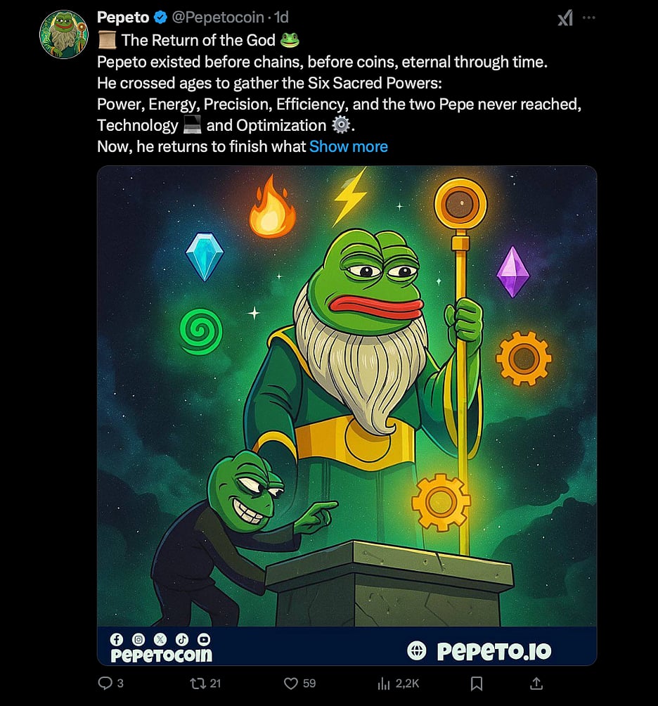 Cartoon frog deity holding a staff in a glowing cosmic scene with symbols and lights.