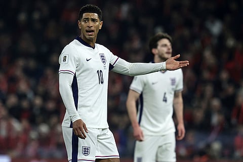 England's Jude Bellingham reacts during the World Cup 2026 group K qualifying soccer match between Albania and England, in Tirana, Albania.