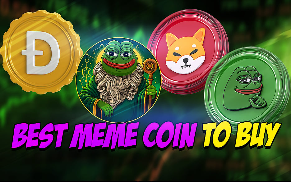 Cryptocurrency meme coins: Dogecoin, Pepe the Frog as a king, Shiba Inu, and another Pepe frog.