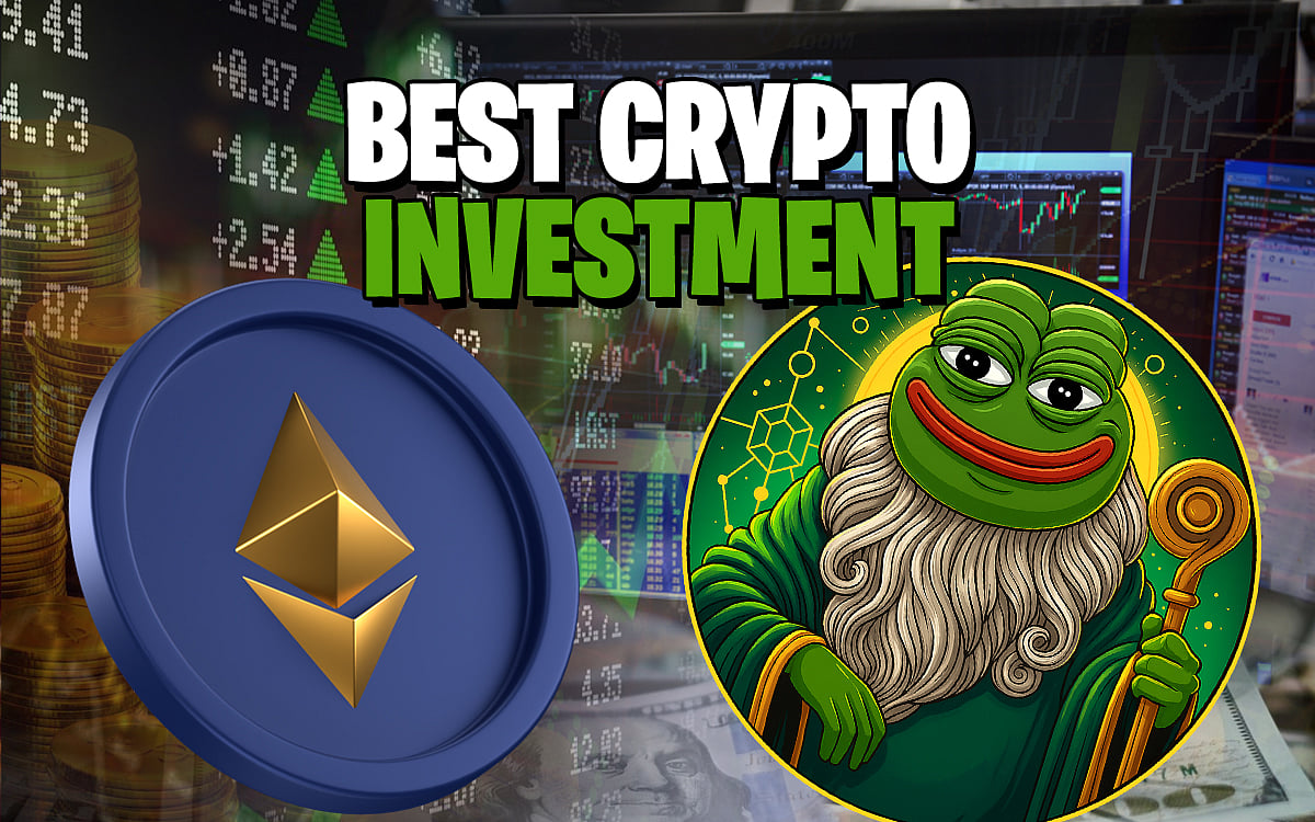 Graphic with an Ethereum coin and a bearded Pepe the Frog figure, text: BEST CRYPTO INVESTMENT