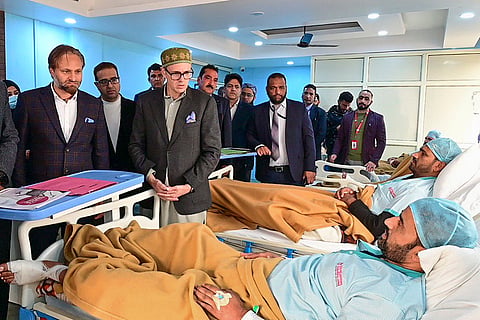 Jammu and Kashmir Chief Minister Omar Abdullah meets injured victims undergoing treatment in the aftermath of an accidental explosion at Nowgam police station, in Srinagar district. 