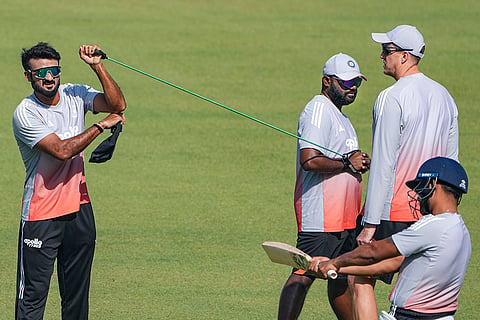 India's Akash Deep during a training session ahead of the second Test cricket match between India and South Africa, at Eden Gardens in Kolkata.