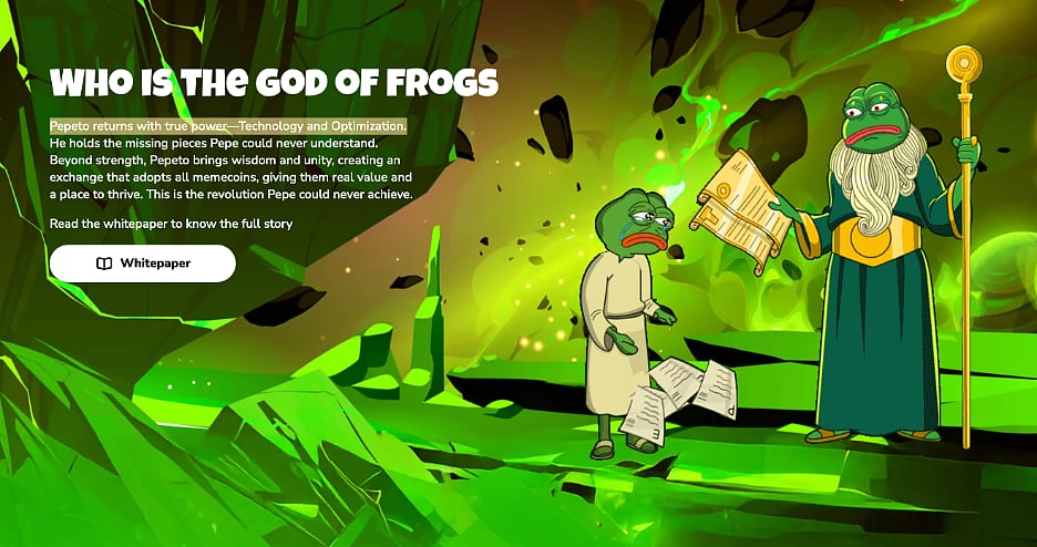 Green digital graphic showing two Pepe the Frog characters with the text WHO IS THE GOD OF FROGS