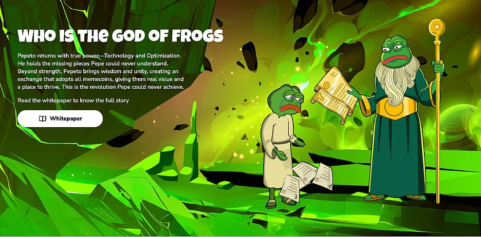 Cartoon frogs in a green cave with text titled Who Is The God of Frogs and a whitepaper button