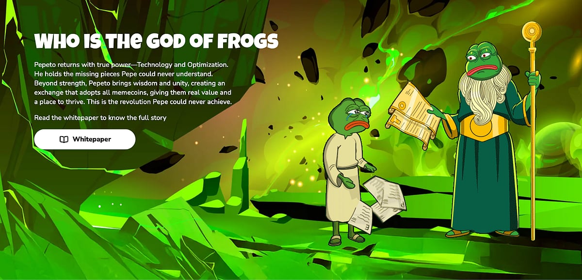 Cartoon frogs in a green cave with text titled Who Is The God of Frogs and a whitepaper button