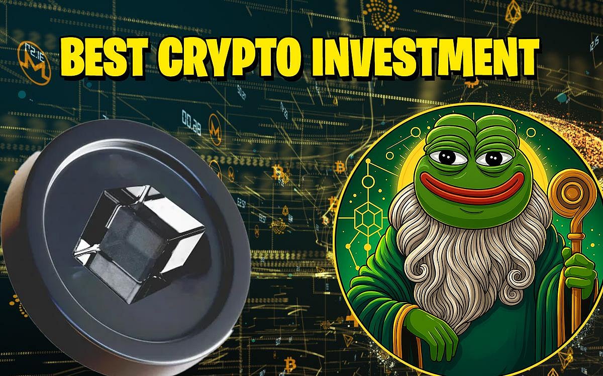 Crypto investment thumbnail: a blue coin with a symbol and a bearded Pepe-like character.