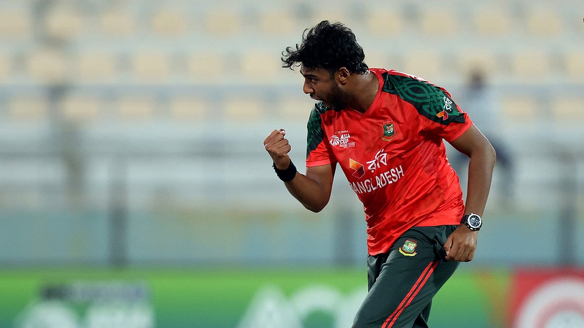 | Photo: X/ACCMedia1 : Bangladesh A's Abdul Gaffar Saqlain celebrates a wicket during the ACC Asia Cup Rising Stars 2025 match against Afghanistan A on November 17, 2025.
