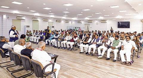 Janata Dal (United) supremo Nitish Kumar addresses party legislators during a meeting, in Patna.