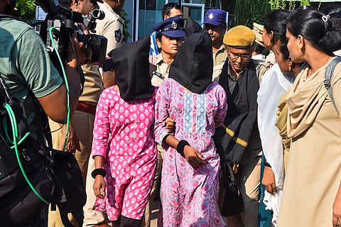 Police personnel with arrested Maoists in a coordinated intelligence-led operation, in Vijayawada, Andhra Pradesh. State Police arrested 50 CPI (Maoist) cadres across five districts. The crackdown coincided with an encounter at Maredumilli on Wednesday. 