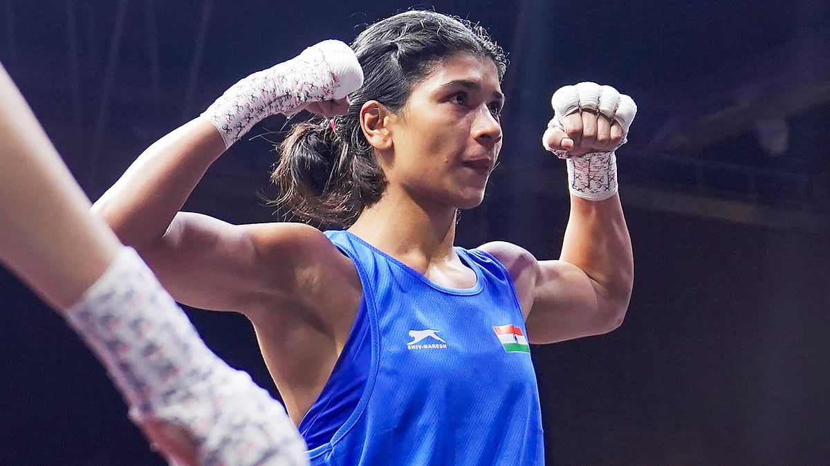 PTI : India's Nikhat Zareen after being declared the winner in the women's 51kg semi-final match against Uzbekistan's Ganieva Gulsevar, unseen, at the World Boxing Cup Finals 2025