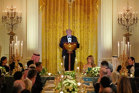 US President Donald Trump speaks during a dinner with Saudi Arabia's Crown Prince Mohammed bin Salman in the East Room of the White House in Washington. 