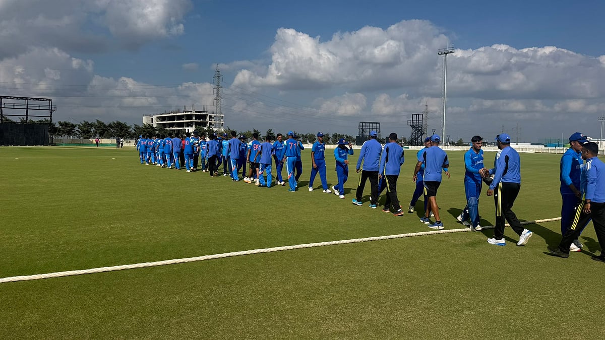 X/Afghanistan Cricket Board : India B, Afghanistan under-19 teams shake hands after their match in Bengaluru.