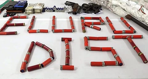 A large amount of arms and ammunitions recovered by the police from Maoists arrested from Eluru and New Auto Nagar in Gannavaram, Vijayawada, Andhra Pradesh.