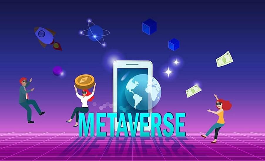 Metaverse illustration with people, money and a phone