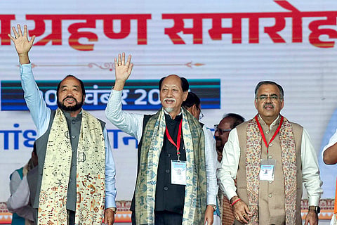 Nagaland Chief Minister Neiphiu Rio (centre), state Deputy Chief Minister Yanthungo Patton (left) and BJP National General Secretary Tarun Chugh during the swearing-in ceremony of NDA government, at Gandhi Maidan in Patna, Bihar.