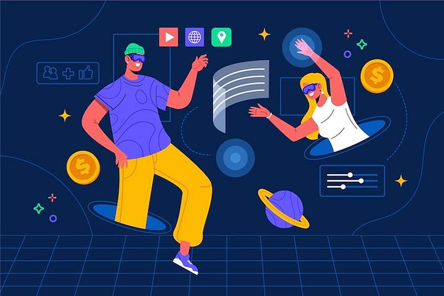 Two people interacting in a metaverse with tokens & digital elements