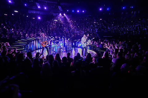Old Dominion perform a medley of "Break Up With Him," "Memory Lane," "One Man Band," "Hotel Key" and "Snapback" during the 59th Annual Country Music Association Awards at Bridgestone Arena in Nashville, Tennessee. 