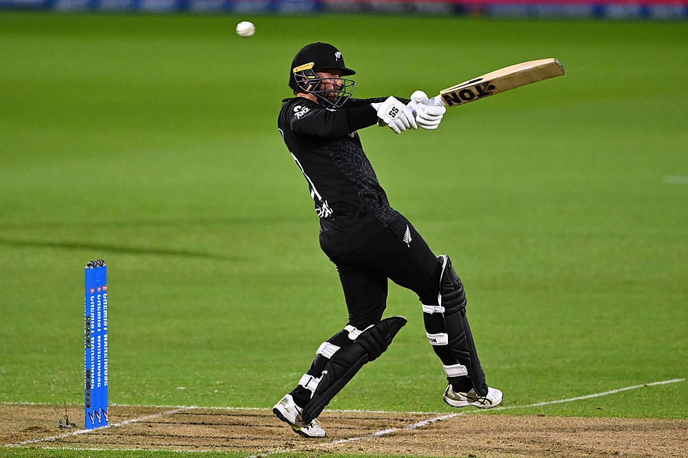 | Photo: Kerry Marshall/Photosport via AP : New Zealand's Devon Conway bats against the West Indies during their One Day International cricket match in Napier, New Zealand, Wednesday Nov. 19, 2025. 