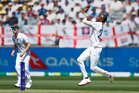 England's Jofra Archer bowls a delivery during the first Ashes cricket test match between Australia and England in Perth.