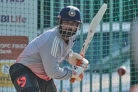 India captain Rishabh Pant bats during a practice session ahead of the second test match between India and South Africa in Guwahati.