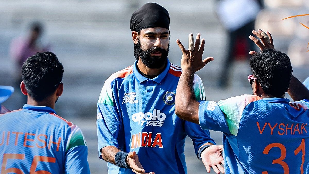 | Photo: X/BCCI : India A's Gurjapneet Singh celebrates a wicket during the ACC Asia Cup Rising Stars 2025 match against Bangladesh A on November 21, 2025.