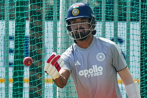India's K. L. Rahul throws a ball at net during a practice session ahead of the second test match between India and South Africa in Guwahati.
