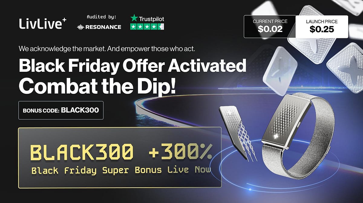 LivLive ($LIVE) crypto ad for Black Friday Offer with a +300% Bonus and fitness tracker graphic.