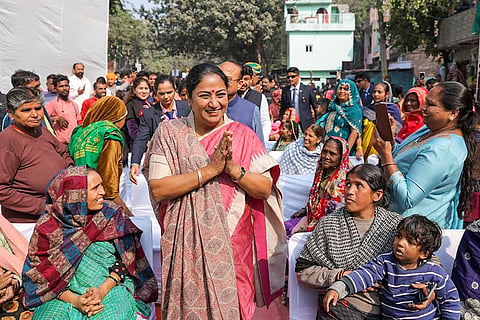 Delhi Chief Minister Rekha Gupta during the foundation stone laying of the first ‘Atal Canteen’ at Sanjay Basti of JJ Cluster, in Timarpur, New Delhi. 
