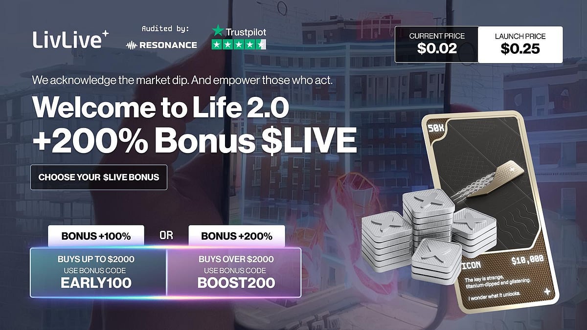 LivLive+ crypto ad: Power Through the Dip, bonuses up to 200%