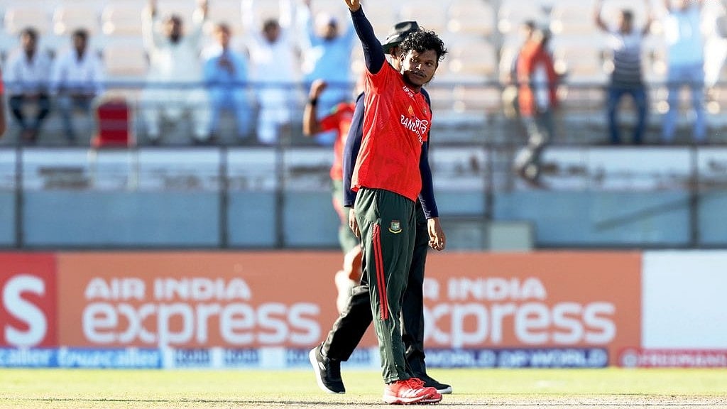 | Photo: X/ACCMedia1 : Bangladesh A's Rakibul Hasan celebrates a wicket against India A during the first semi-final of ACC Asia Cup Rising Stars 2025 on November 21, 2025.