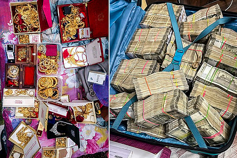 Gold jewellery and cash seized by the Enforcement Directorate (ED) during coordinated money laundering searches against coal mafia at 40 premises in West Bengal and Jharkhand.