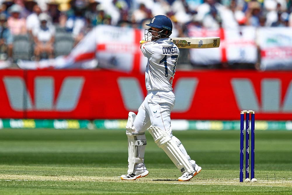 | Photo: AP/Gary Day : England's Ben Duckett plays a shot during the first Ashes cricket test match between Australia and England in Perth.