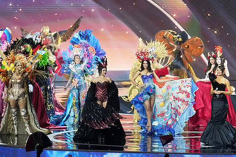 Contestants compete in the national costume competition at the Miss Universe Beauty Pageant in Nonthaburi province, Thailand.