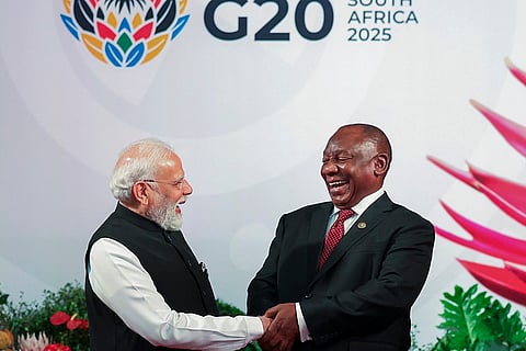 Prime Minister Narendra Modi being welcomed by South African President Cyril Ramaphosa upon his arrival to attend the G20 Summit, in Johannesburg, South Africa. 