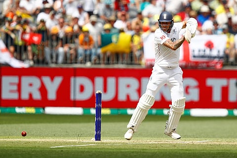 England's Brydon Carse bats on day two of the first Ashes cricket test match between Australia and England in Perth.