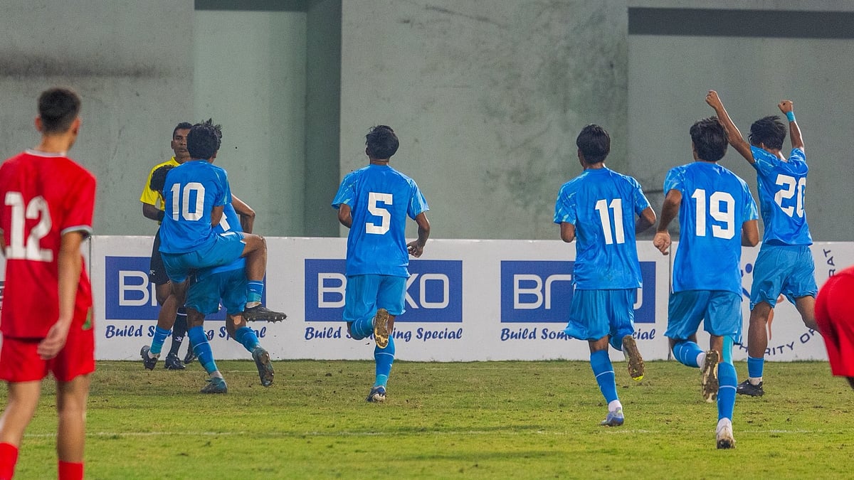 Photo: X/Indian Football : India Vs Palestine Highlights, AFC U17 Asian Cup 2026 Qualifiers: Blue Colts celebrate Shubham Poonia's goal in Ahmedabad.