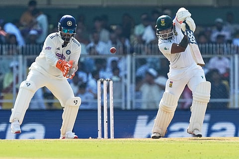 South Africa's captain Temba Bavuma plays a shot on the first day of the second cricket test match between India and South Africa in Guwahati.