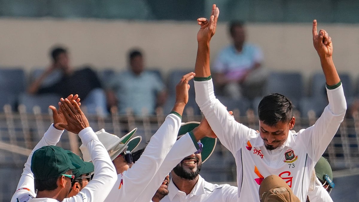 X/Bangladesh Cricket : Bangladesh Vs Ireland Highlights, 2nd Test Day 4: Taijul Islam celebrates with teammates after becoming BAN's highest Test wicket-taker.