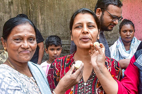 Activist Jyoti Jagtap being greeted by friends and relatives outside Byculla Jail after the Supreme Court granted her interim bail in the Bhima-Koregaon case, in Mumbai.