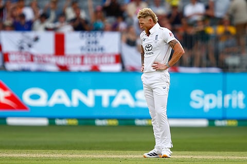England's captain Ben Stokes reacts in the field on day two of the first Ashes cricket test match between Australia and England in Perth.