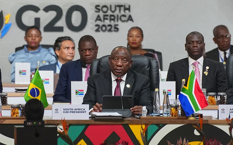 South African President Cyril Ramaphosa addresses the opening session of the G20 leaders' summit in Johannesburg, South Africa, Saturday, Nov. 22, 2025 - AP