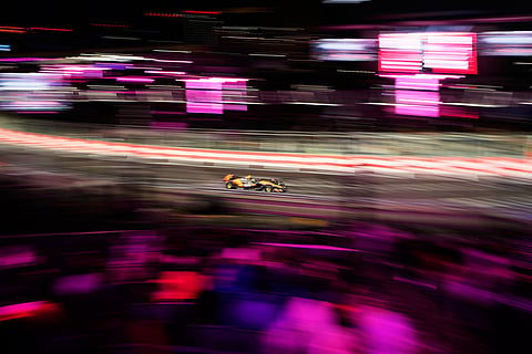 McLaren driver Lando Norris of Great Britain drives during a qualifying session at the Formula One Las Vegas Grand Prix auto race in Las Vegas. 